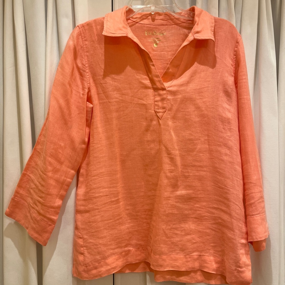 lily pulitzer coral orange 100% linen collared tunic